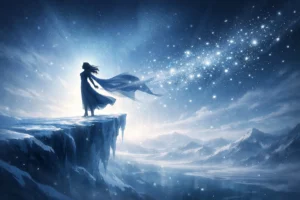 Woman standing on icy cliff as snow and light drift into the sky, symbolizing freedom and emotional release.