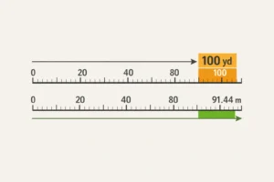 Horizontal scale comparing 100 yards with 91.44 meters using clean measuring lines on a simple neutral background.
