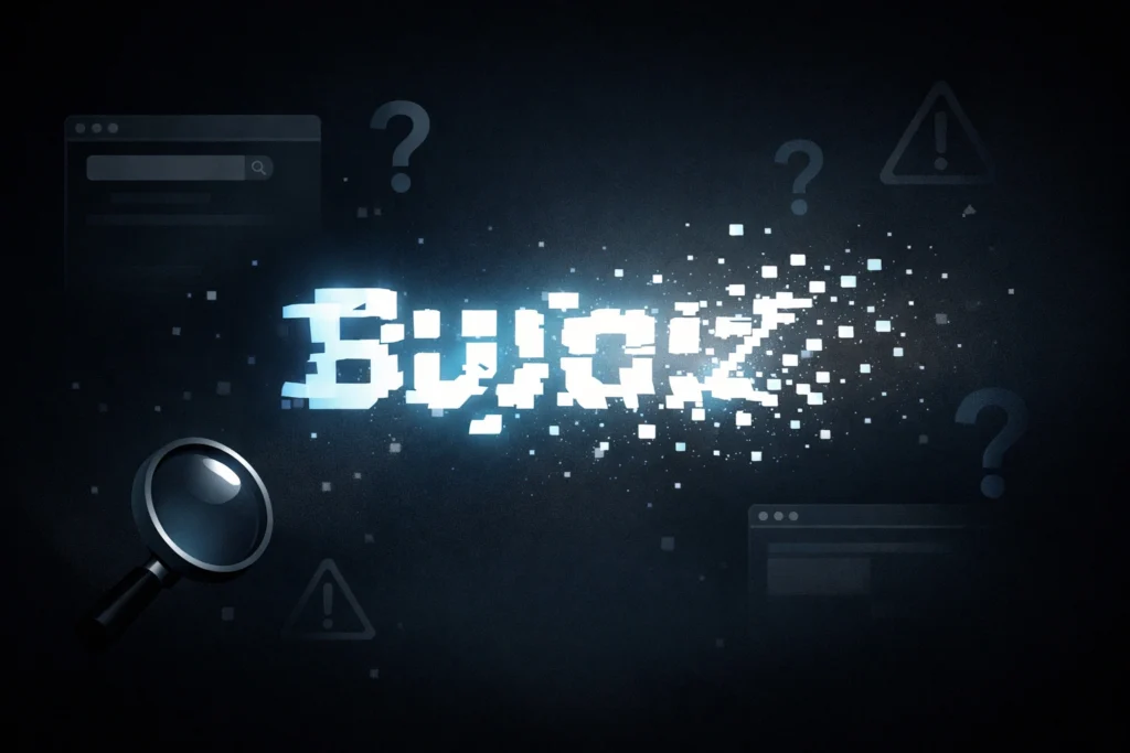 Abstract glowing digital word dissolving into particles, surrounded by search icons and question marks on a dark background.