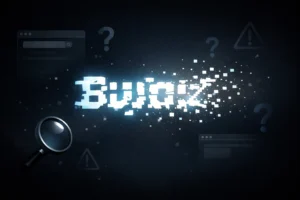 Abstract glowing digital word dissolving into particles, surrounded by search icons and question marks on a dark background.