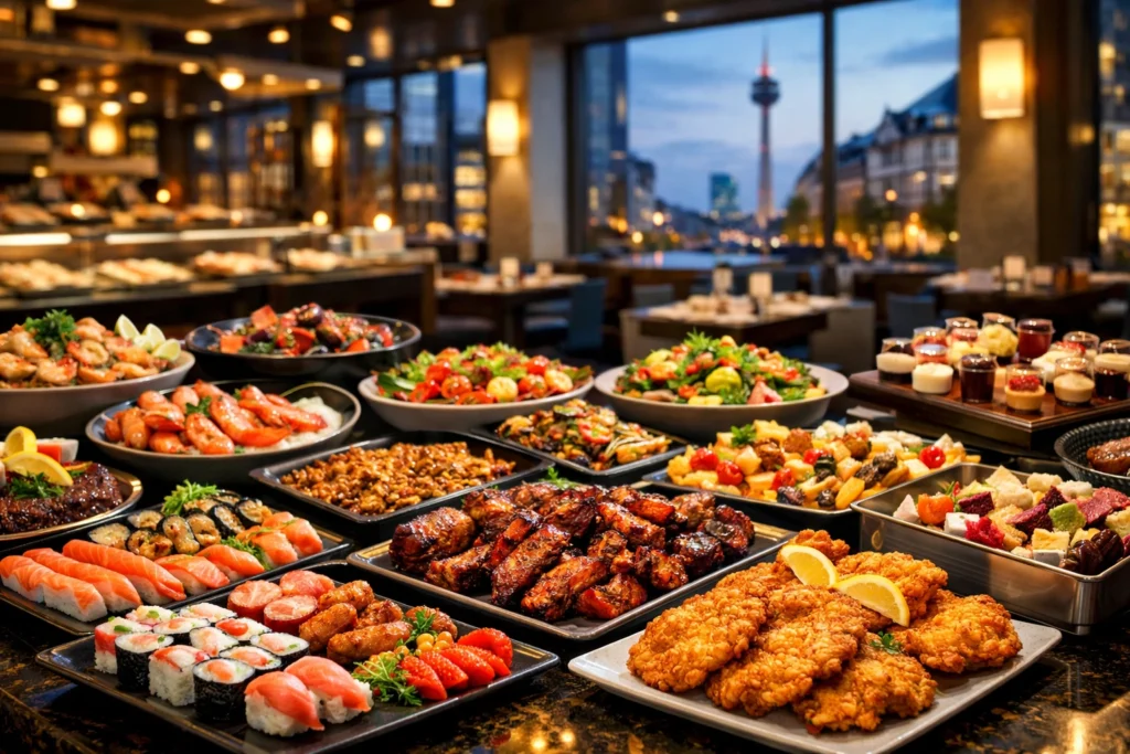 All-you-can-eat buffet in Düsseldorf featuring sushi, grilled meats, schnitzel, salads, and desserts in a modern restaurant.