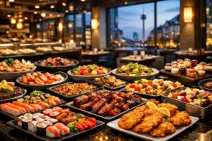 All-you-can-eat buffet in Düsseldorf featuring sushi, grilled meats, schnitzel, salads, and desserts in a modern restaurant.
