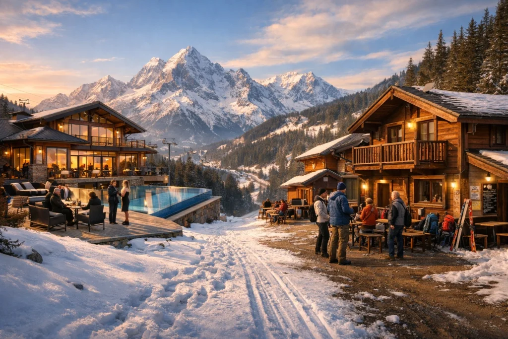 Split-view Alpine resorts at sunset showing luxury chalet with pool and cozy budget lodge.