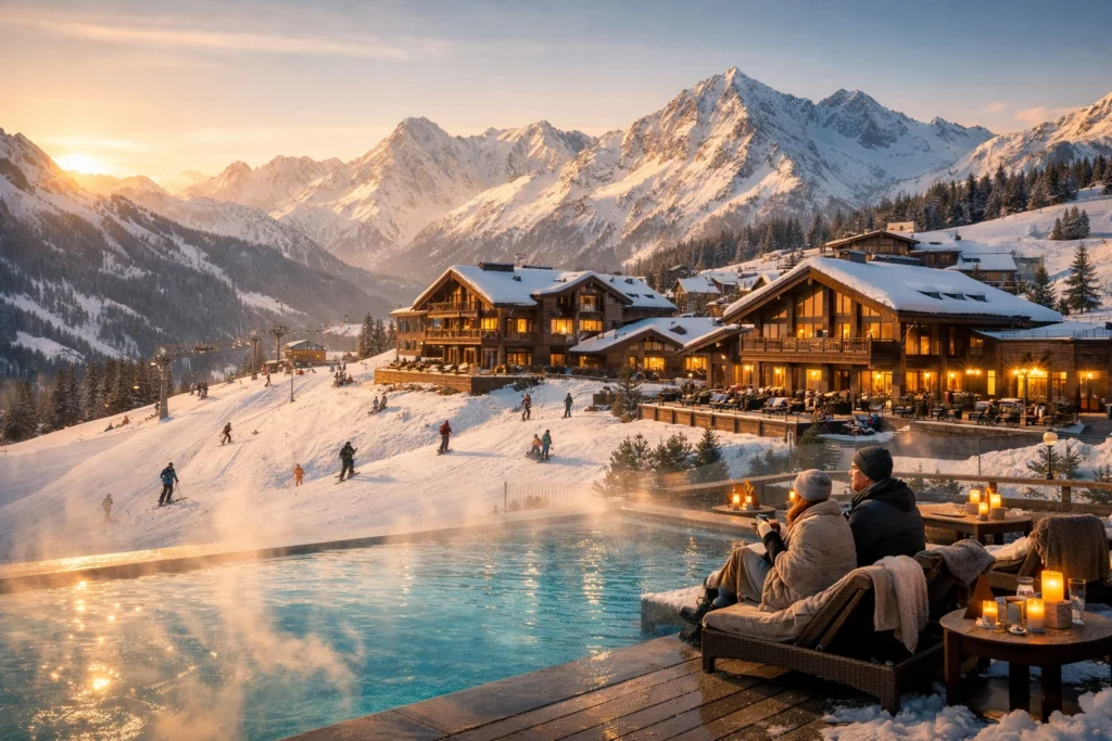 Luxury Alpine ski resort at sunrise with snowy peaks, skiers on slopes, and steaming infinity pool.