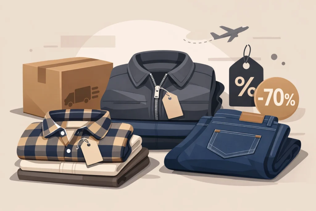 Folded men's shirts, jacket and jeans with discount tags and shipping box in clean flat style.