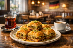 Golden pistachio baklava on a ceramic plate with Turkish tea and coffee in a cozy Hamburg café setting.