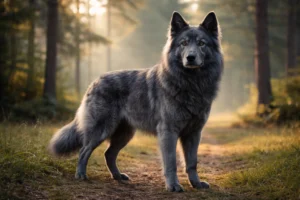 Blue Bay Shepherd with blue-gray coat standing on a forest path in soft golden morning light war glow.