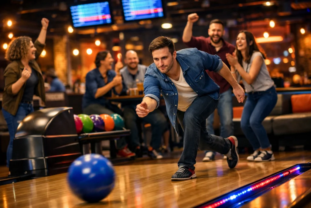 Group of friends bowling together in a modern Leipzig alley, cheering under warm lights and glowing lanes.