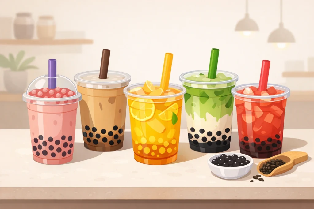 Colorful bubble tea cups with tapioca pearls and wide straws arranged on a café counter in a clean, modern style.