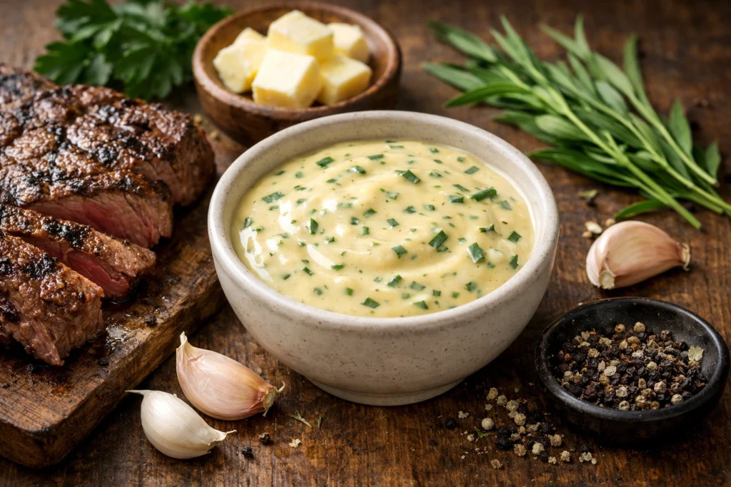 Creamy Café de Paris sauce with fresh herbs served beside sliced grilled steak on a rustic wooden table.