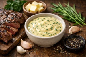 Creamy Café de Paris sauce with fresh herbs served beside sliced grilled steak on a rustic wooden table.