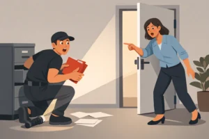 A person is caught searching files as another enters the room, reacting with surprise and shock.