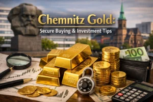 Gold bars and coins on a table with Chemnitz skyline, symbolizing secure gold buying and investments!