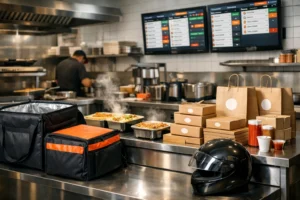 Modern cloud kitchen with stainless counters, digital order screens, branded packaging, and delivery bags ready for pickup.