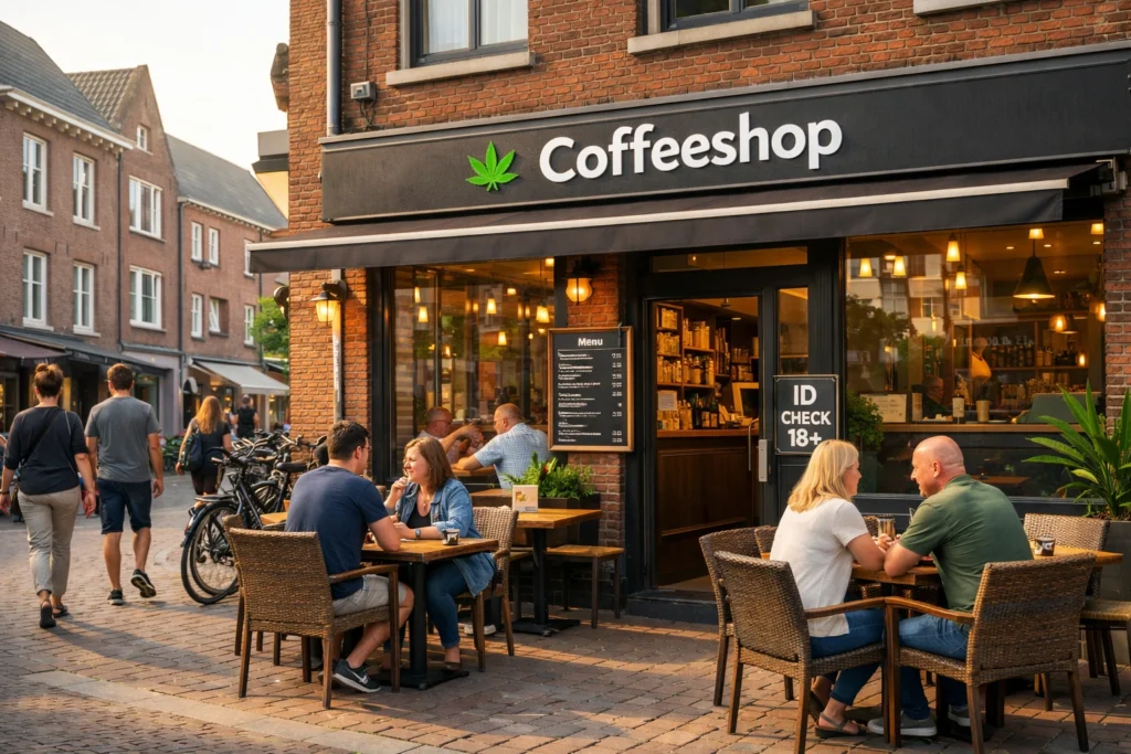 Street view of a legal Dutch coffeeshop in Venlo with outdoor seating, bikes, and calm daytime vibe.