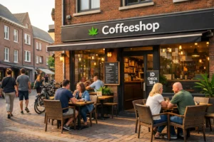 Street view of a legal Dutch coffeeshop in Venlo with outdoor seating, bikes, and calm daytime vibe.