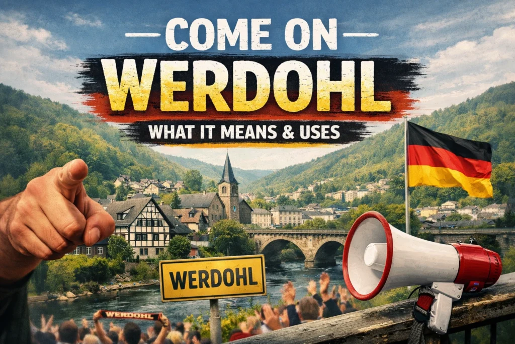 German town of Werdohl with bridge, river, flag, megaphone, and bold 'Come On Werdohl' headline view.