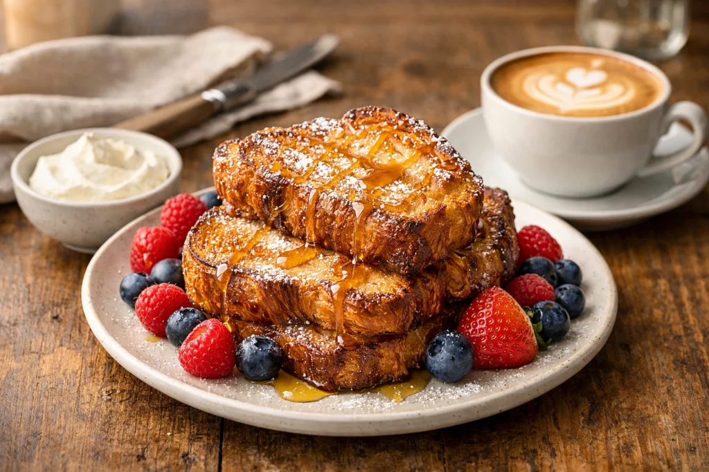 Golden croissant toast with honey, powdered sugar, berries, whipped cream, and latte on rustic table.