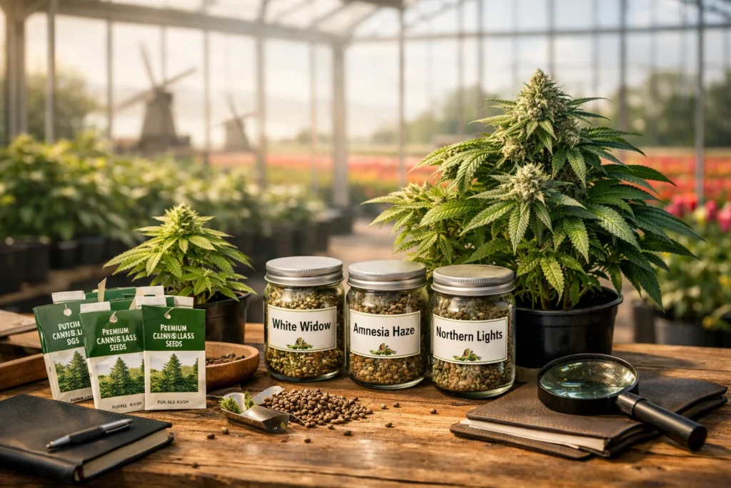 Sunlit Dutch greenhouse with healthy cannabis plants, seed jars, and tools highlighting premium cultivation quality.
