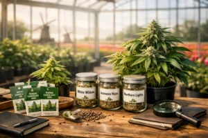 Sunlit Dutch greenhouse with healthy cannabis plants, seed jars, and tools highlighting premium cultivation quality.