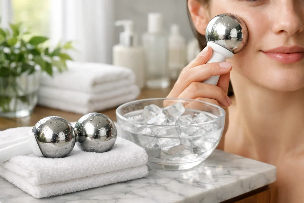 Woman using stainless steel ice globes for facial skincare on a spa vanity with towel and ice bowl.