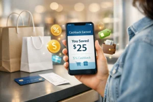 Young woman holding a smartphone showing cashback savings, with shopping bags, card, and receipt at checkout counter.