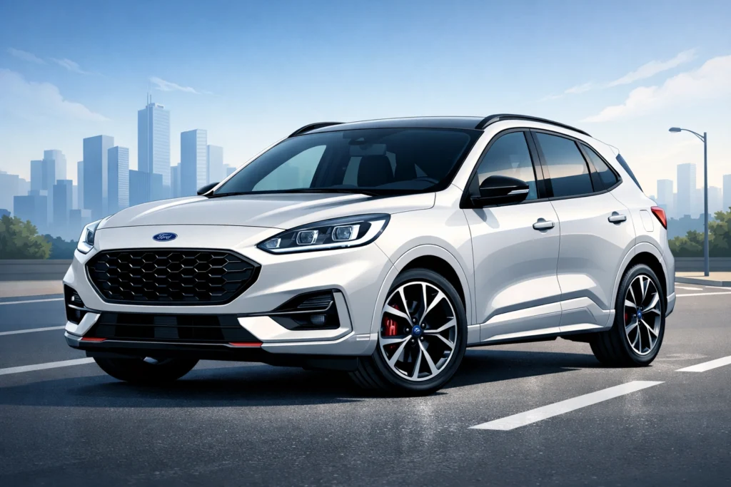 2D illustration of a Ford Kuga ST-Line SUV parked on a modern urban road with a soft city skyline background.