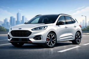 2D illustration of a Ford Kuga ST-Line SUV parked on a modern urban road with a soft city skyline background.