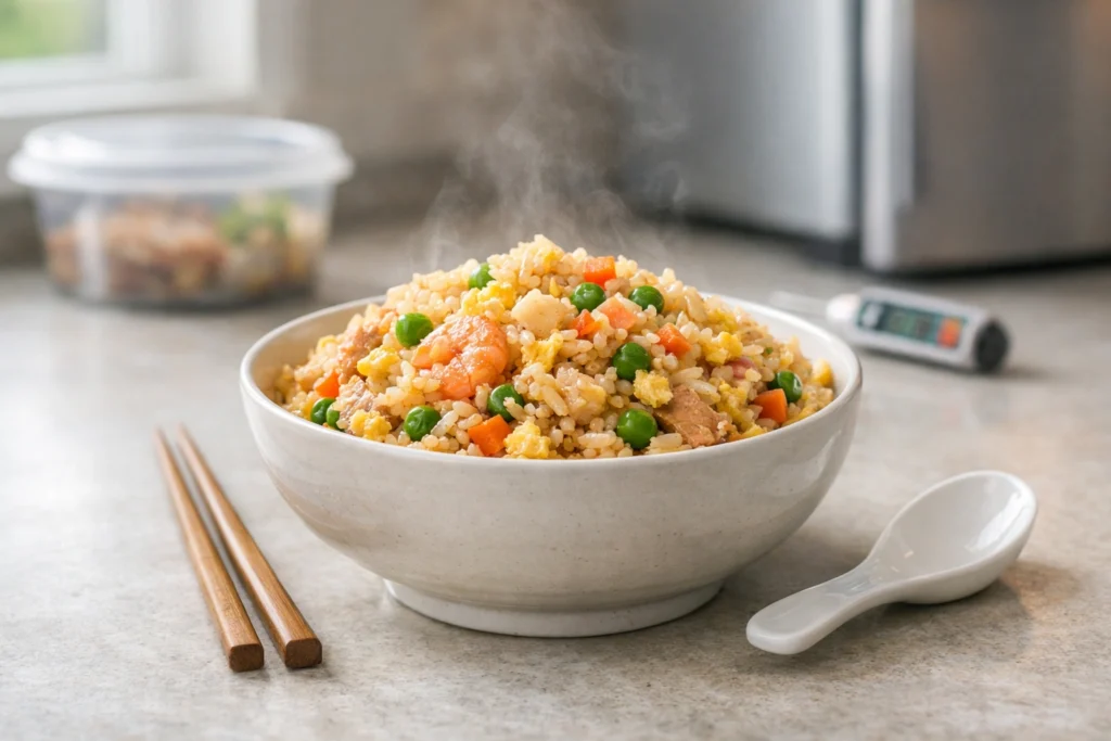Steaming bowl of fried rice with vegetables, egg, shrimp, chopsticks, and spoon on a bright kitchen counter.