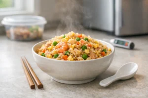 Steaming bowl of fried rice with vegetables, egg, shrimp, chopsticks, and spoon on a bright kitchen counter.