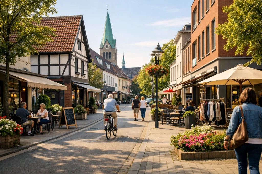 Sunny Gladbeck street with cafés shops greenery cyclists and locals enjoying calm town atmosphere.