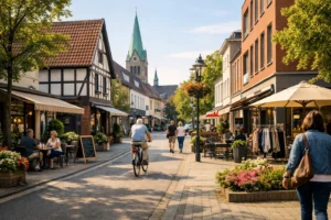 Sunny Gladbeck street with cafés shops greenery cyclists and locals enjoying calm town atmosphere.