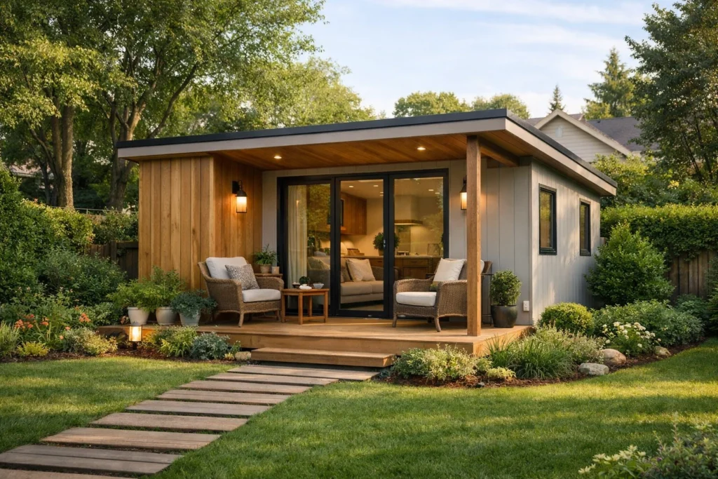 Modern granny unit with wood exterior, large windows, and cozy porch set in a green backyard garden.