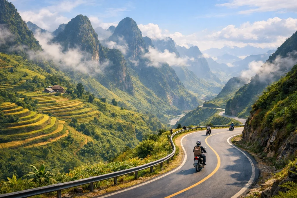 Motorbikes riding a winding road through misty Ha Giang mountains with terraced fields and deep valleys.