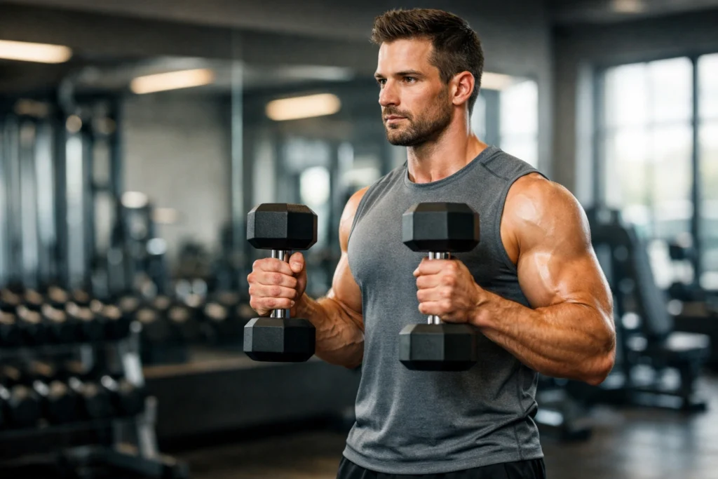 Muscular man performing hammer curls with dumbbells in a modern gym, showing proper form and posture!