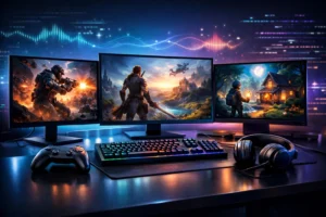 Futuristic gaming workspace with monitors showing action, RPG, and indie games, neon-lit setup.