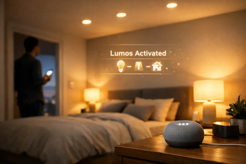 Smart bedroom at dusk with voice-controlled lights glowing warmly as a person activates smart home features via smartphone.