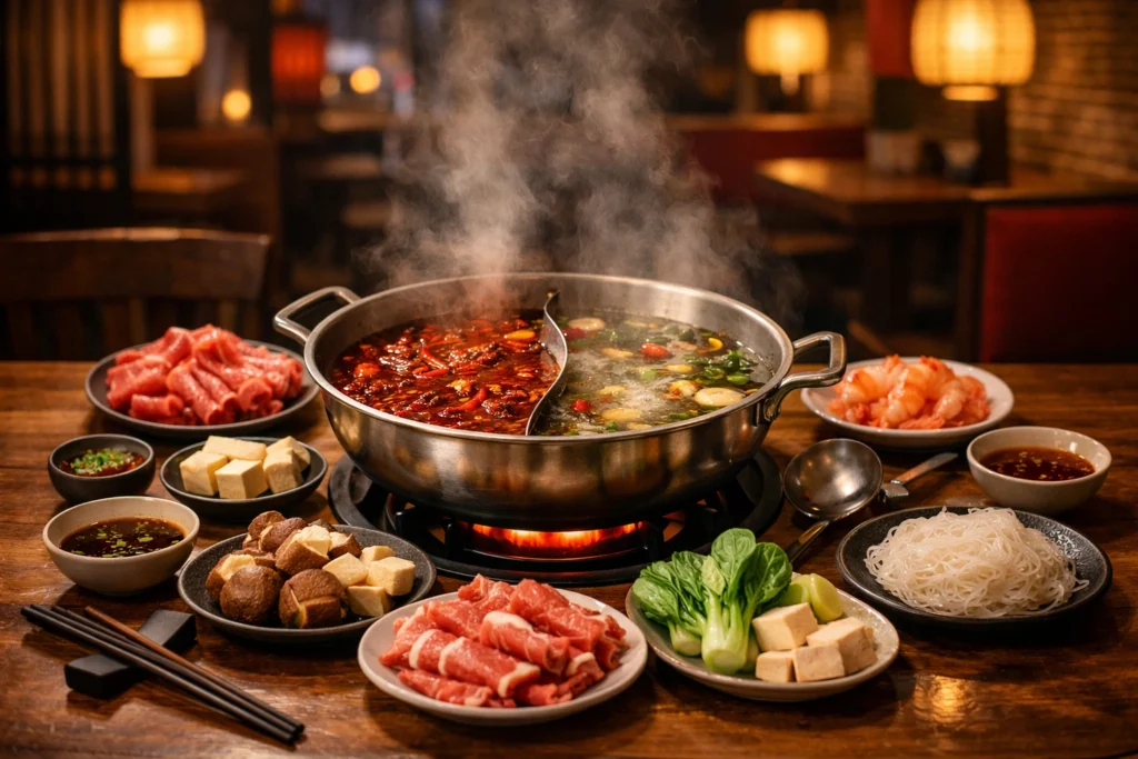 Steaming Chinese hot pot with spicy and clear broths, fresh meats and vegetables, served in a cozy Düsseldorf restaurant.