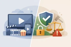 Split illustration showing streaming devices on one side and legal safety symbols like shield and balance scale on the other.