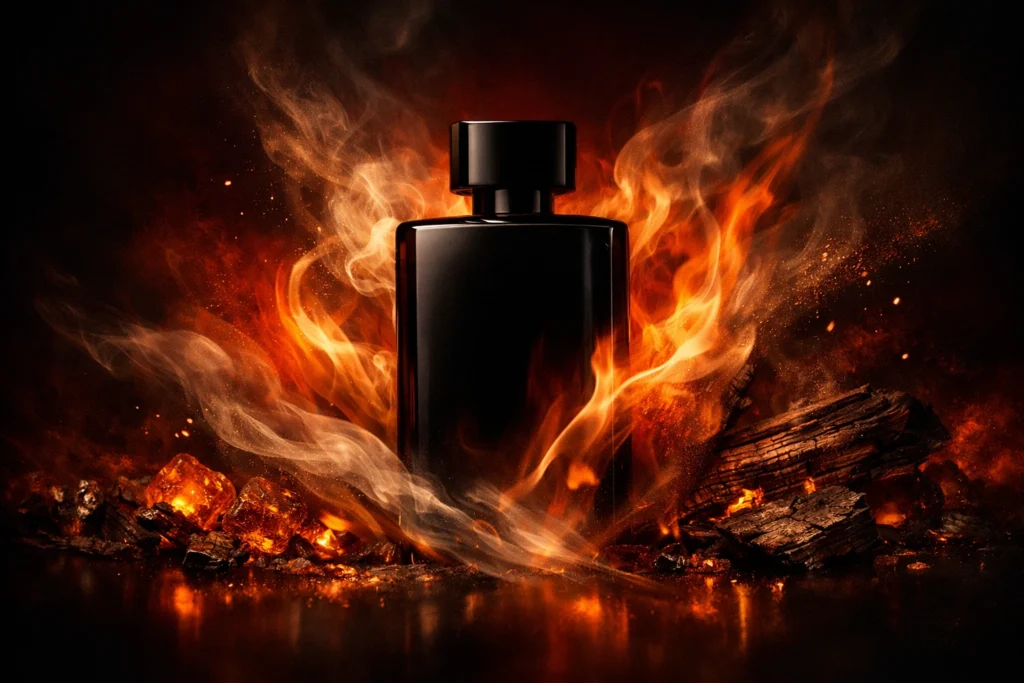 Luxury black perfume bottle surrounded by glowing flames, smoky wisps, and warm amber tones on a dark background.