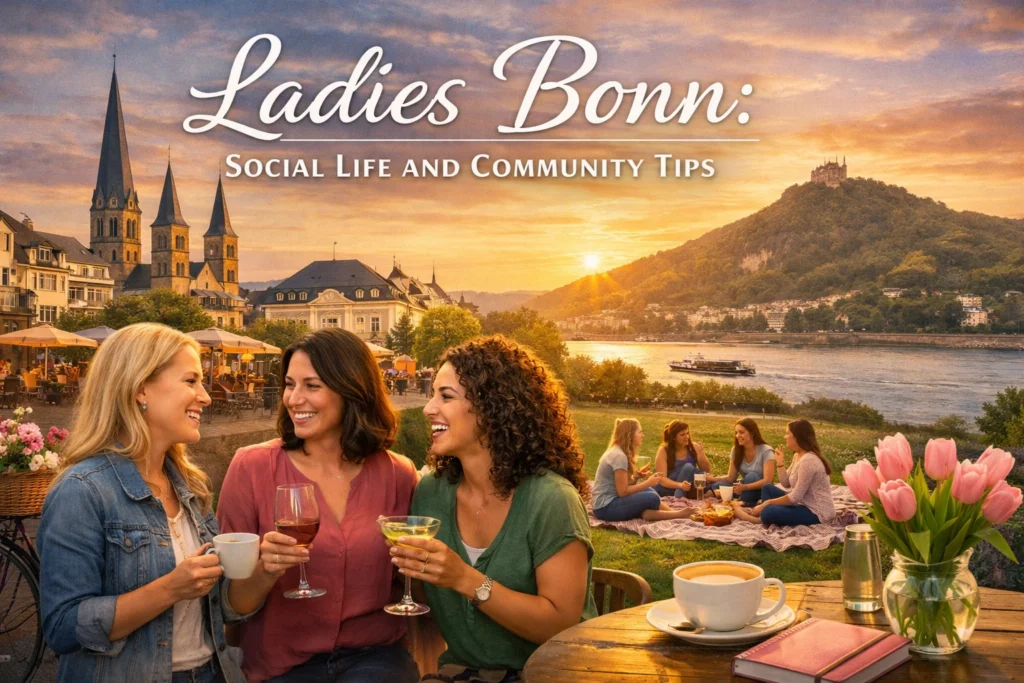 Women chatting at an outdoor café in Bonn by the Rhine, enjoying coffee, community, and friendship now.