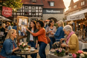 Women chatting and browsing crafts at a sunny town square event in Nordhausen, Germany during golden.