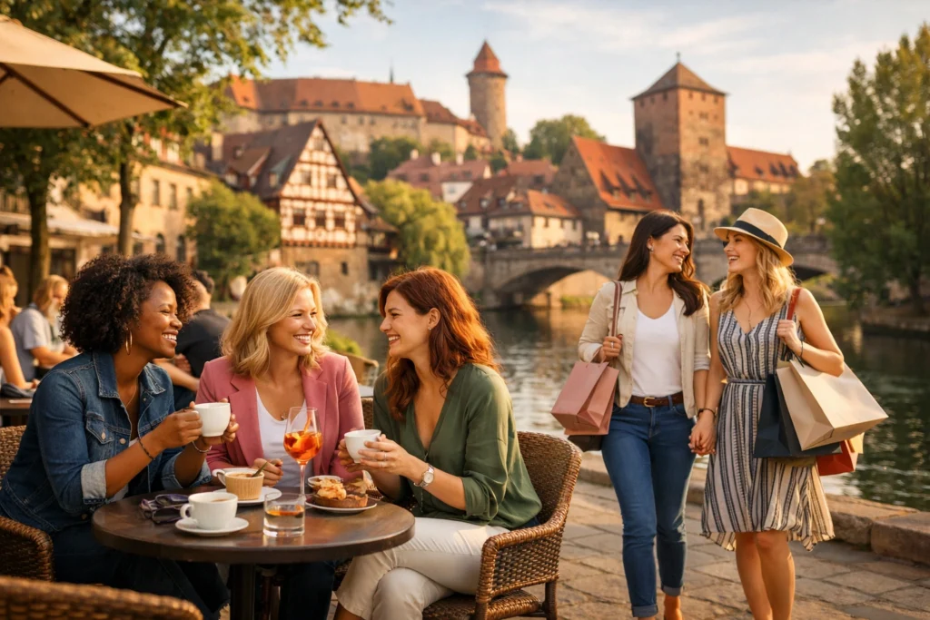 Stylish women enjoying coffee and conversation by the Pegnitz River with Nürnberg Old Town in background.