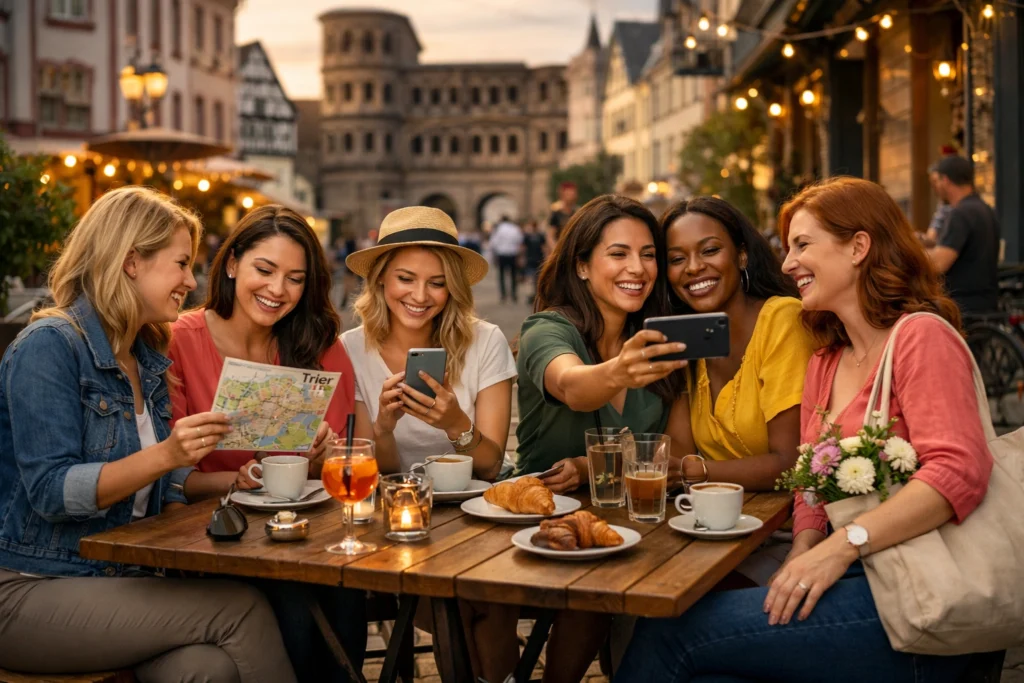 A group of women enjoying coffee and conversation at an outdoor café in Trier’s old town during golden hour.