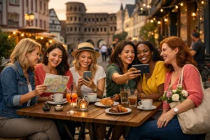 A group of women enjoying coffee and conversation at an outdoor café in Trier’s old town during golden hour.