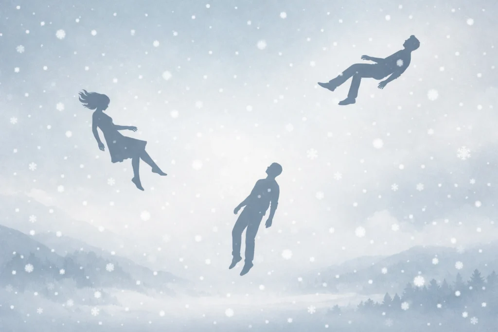 Silhouetted figures gently drifting downward through falling snow in a calm, muted winter sky.