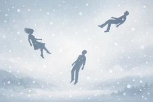 Silhouetted figures gently drifting downward through falling snow in a calm, muted winter sky.