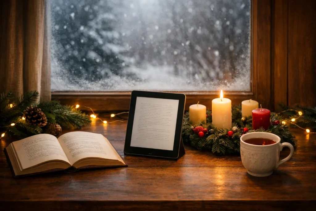 Cozy winter desk with open book, e-reader, Advent candles, tea mug, and a snowy window outside.