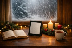Cozy winter desk with open book, e-reader, Advent candles, tea mug, and a snowy window outside.