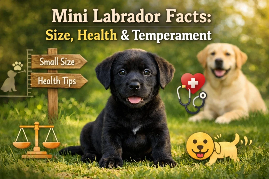 Healthy mini Labrador retriever sitting in a sunny park, showing compact size and friendly temperament.
